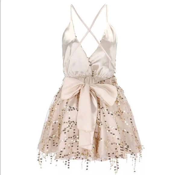 NEW! Gold Sequin Chiffon Lace Overlay Strappy V-Neck Evening Dress - Picture 6 of 10